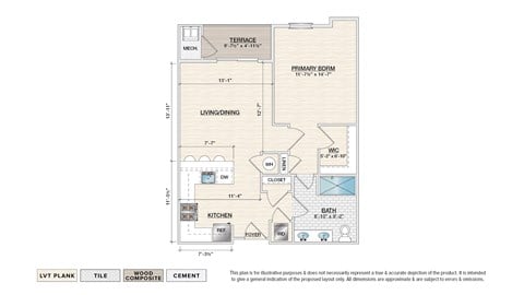 Floor plan for 1 bed, 1 bath, 761 sqft